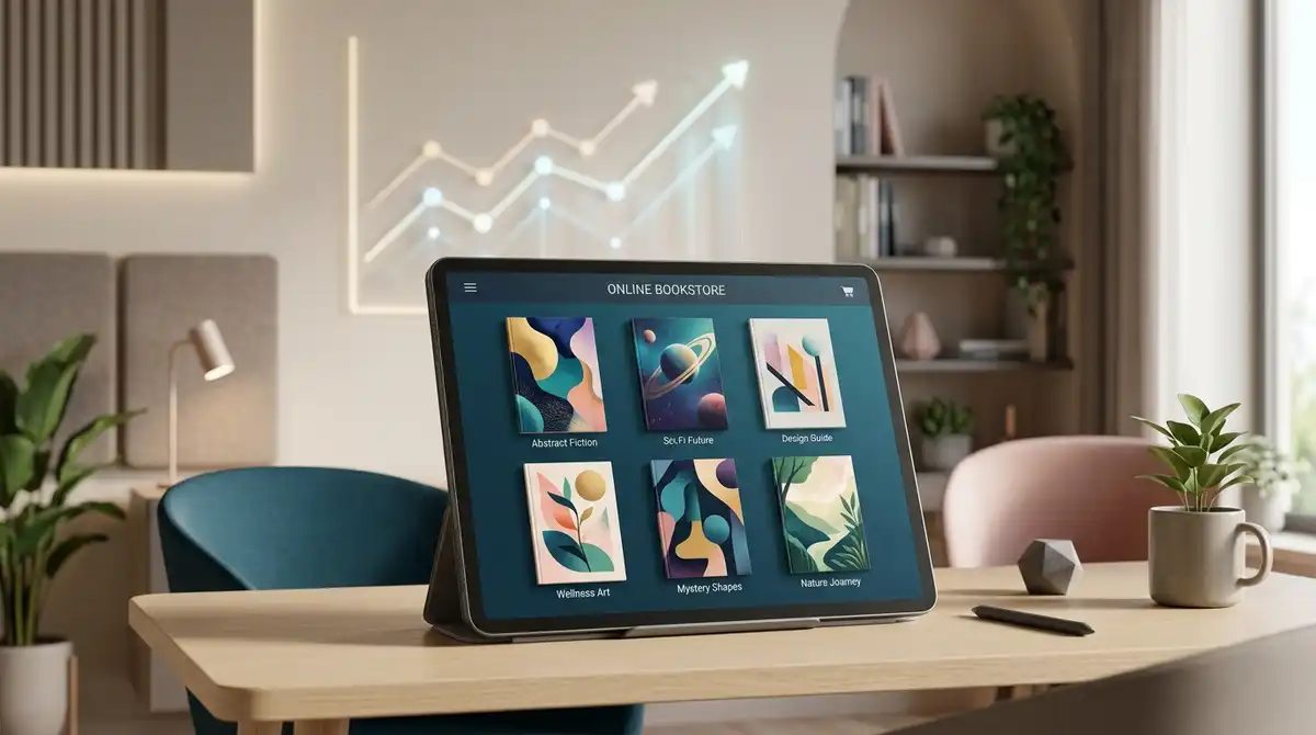 A collection of digital ebook covers displayed on a sleek tablet screen with a sales growth chart in the background